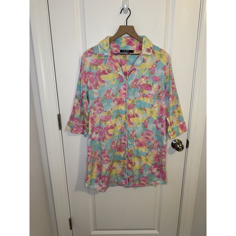 Laure Ralph Lauren Sleep Shirt Dress Womens Large Floral Embroidered Black Label